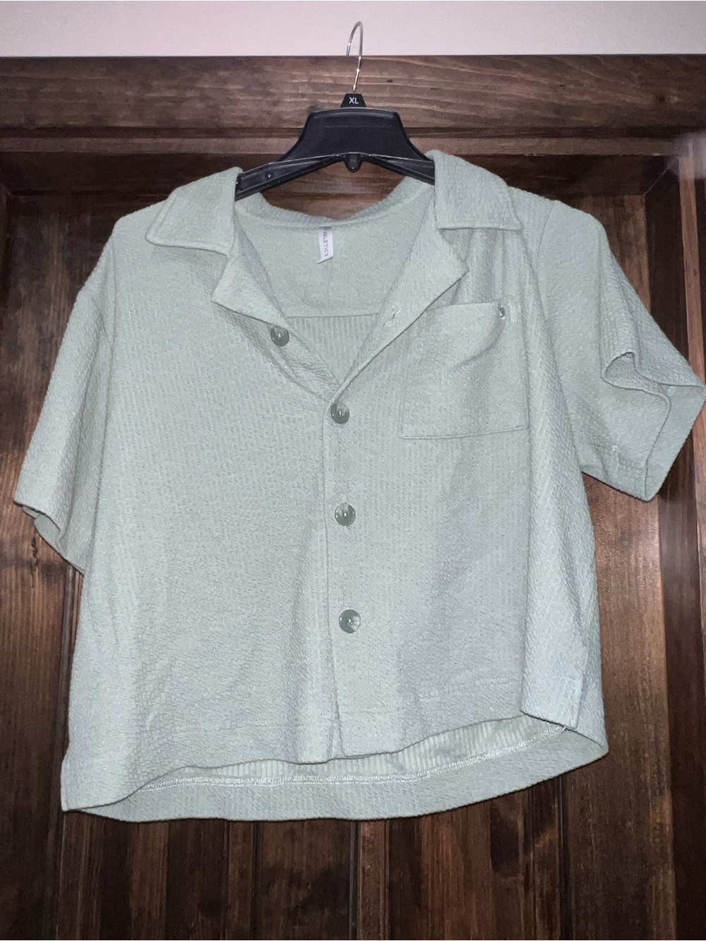 Fabletics Light Sage Short-Sleeve Button Down Shirt boxy fit cropped terry